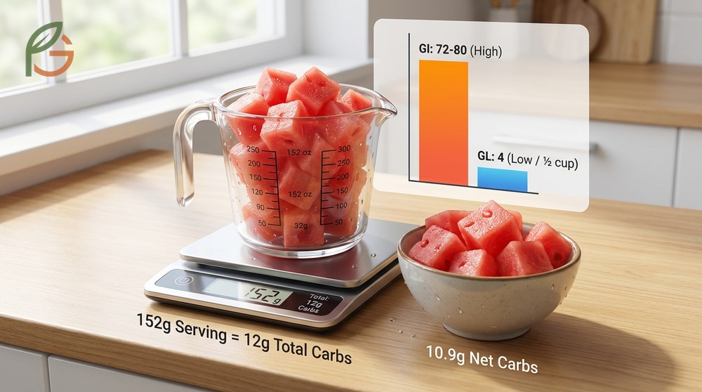 Carbs in watermelon amount to 12 grams per cup with a glycemic index ranging from 72 to 80 for simple sugars.