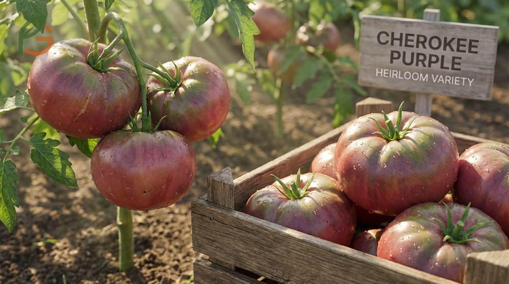 Cherokee purple tomato seeds overview describing the sweet smoky flavor and twelve ounce fruit size of this heirloom.