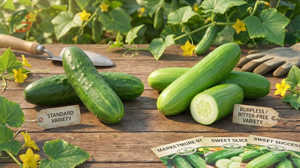 Cucumber variety bitterness comparison highlighting burpless and seedless types like Marketmore 97 for sweeter harvests.