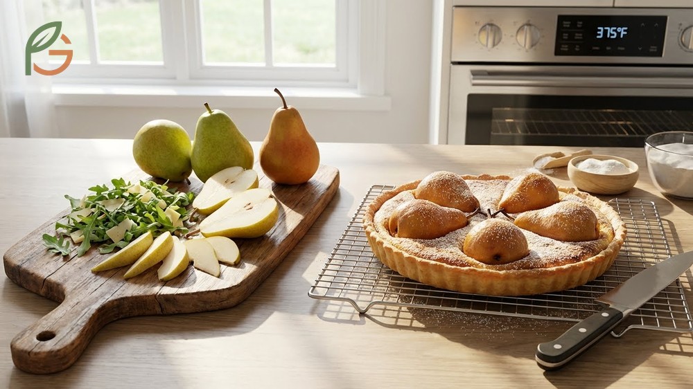 Culinary uses for pears showing baking poaching and fresh eating applications for different varieties.