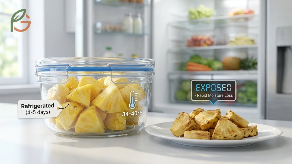 Cut pineapple needs to be stored in airtight containers within the refrigerator to remain fresh for 4 to 5 days.