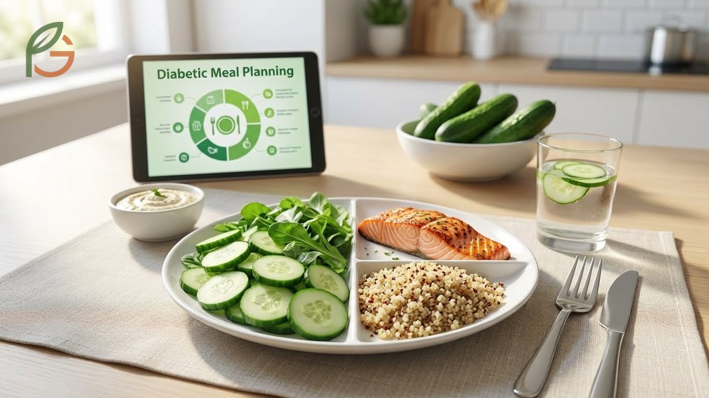 Diabetic meal planning with cucumber uses the plate method to fill half your plate with non-starchy vegetables.