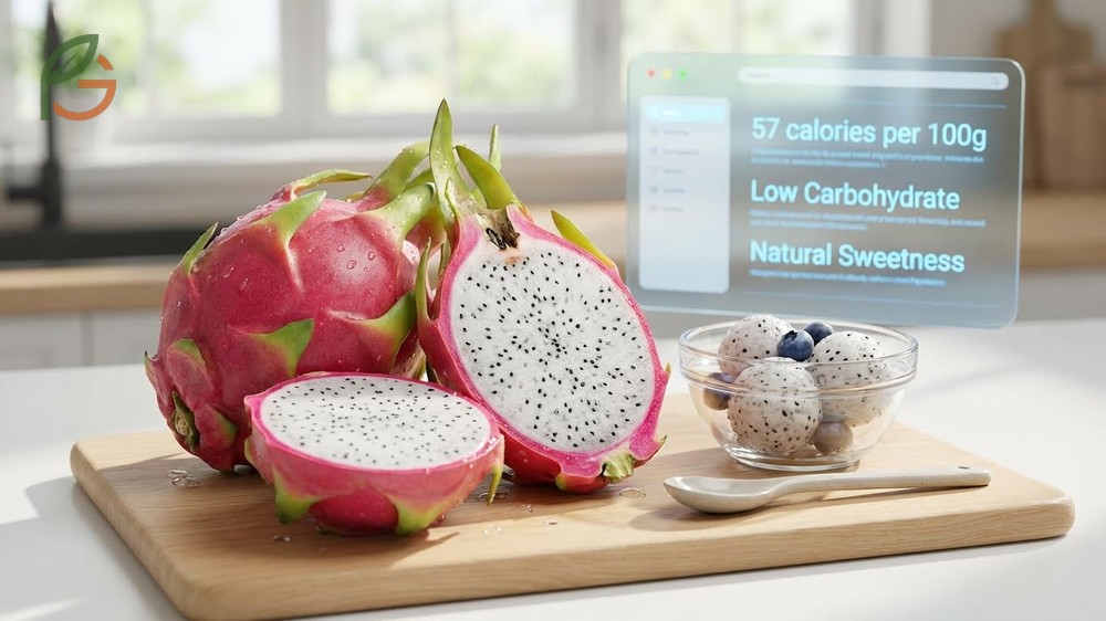 Dragon fruit nutrition facts highlighting low calorie density at 57 calories per 100g serving.