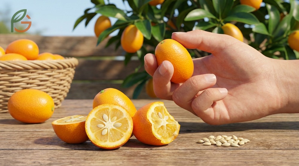 Eating whole kumquat techniques explaining how to consume the entire fruit including skin and seeds.