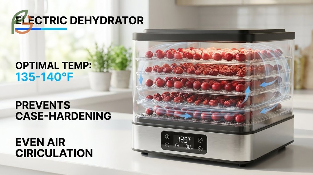 Dehydrator cranberry recipe steps setting temperature to 135 degrees Fahrenheit for 10 to 16 hours of drying time.