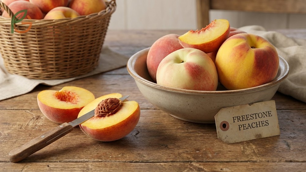 Freestone peach varieties listing benefits like clean pit removal and easier slicing for home growers.