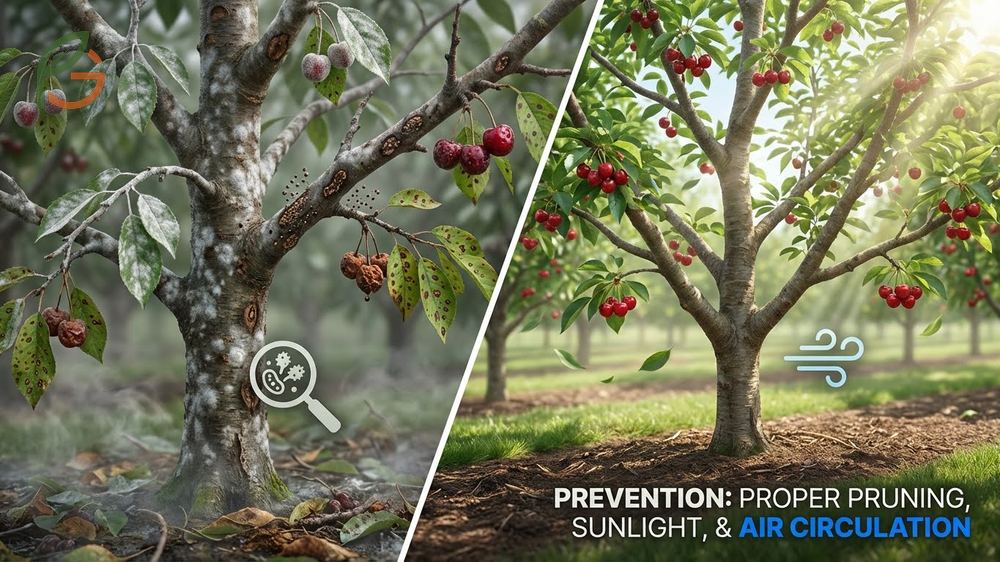 Fungal diseases of cherry trees require copper sulfate applications and proper pruning to improve air circulation in the canopy.