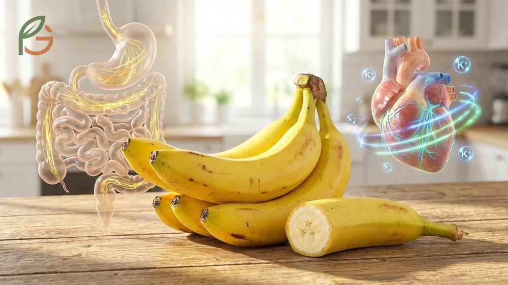 Health benefits of eating bananas including heart support from potassium and antioxidant dopamine content.