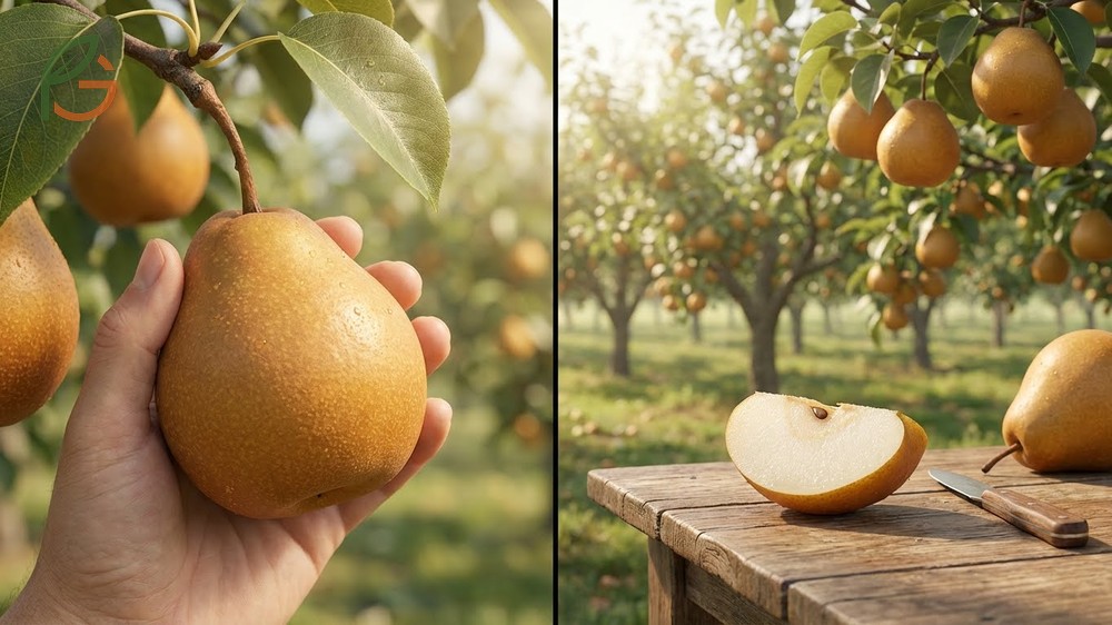 How to tell if Asian pear is ripe using the lift test and observing skin color transition from green to golden yellow.