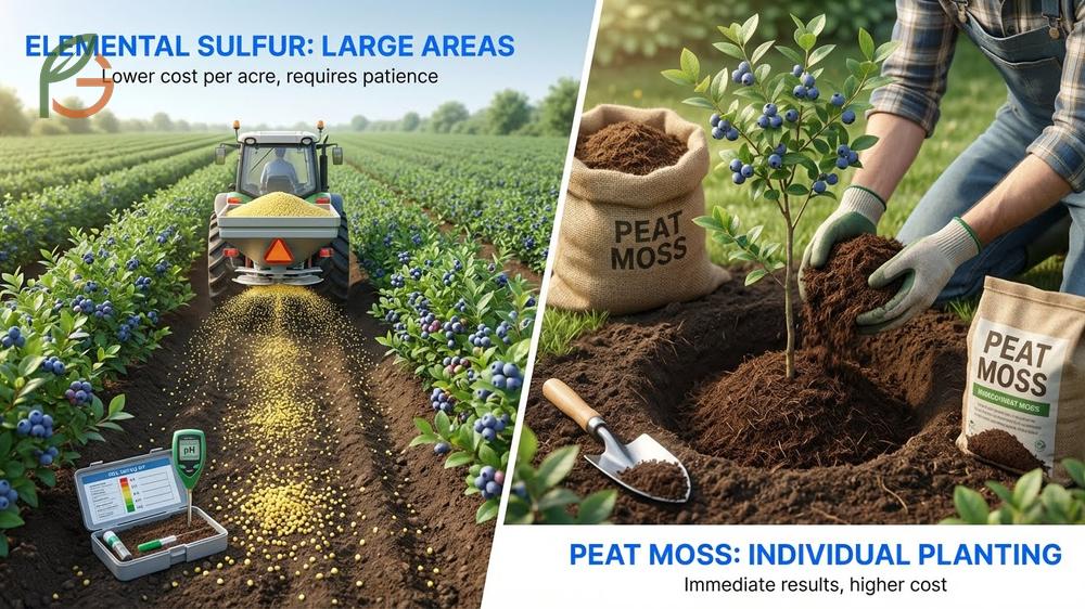 Lower soil pH using elemental sulfur applications for broad areas or peat moss for individual plants.