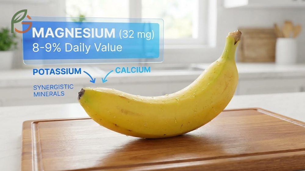 Magnesium in bananas delivers 32 mg per medium fruit which represents about 9 percent of the daily value for adults.