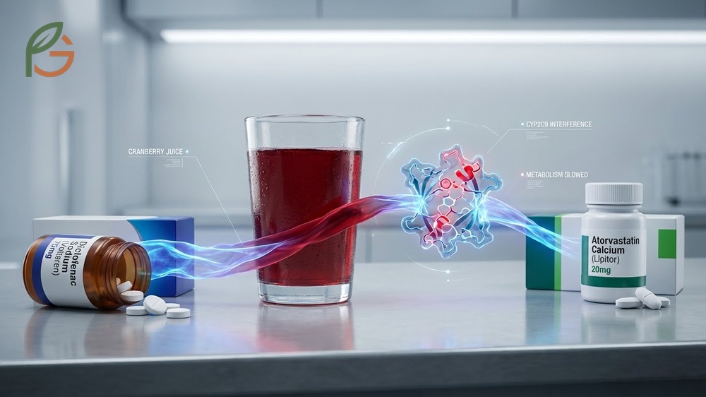 What medications does cranberry juice interfere with such as diclofenac and atorvastatin at high daily intakes.