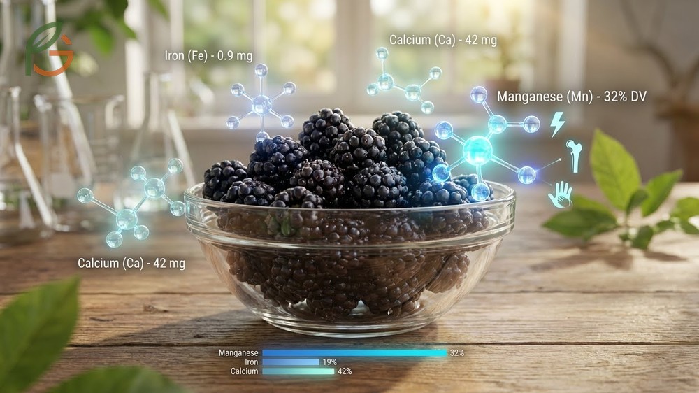 Minerals in blackberries include 32 percent of daily manganese needs alongside iron and calcium for metabolic support.