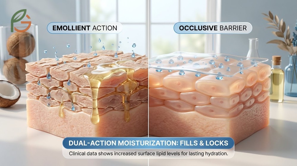 Moisturizing skin properties of coconut oil acting as an occlusive barrier to reduce transepidermal water loss by 27 percent.