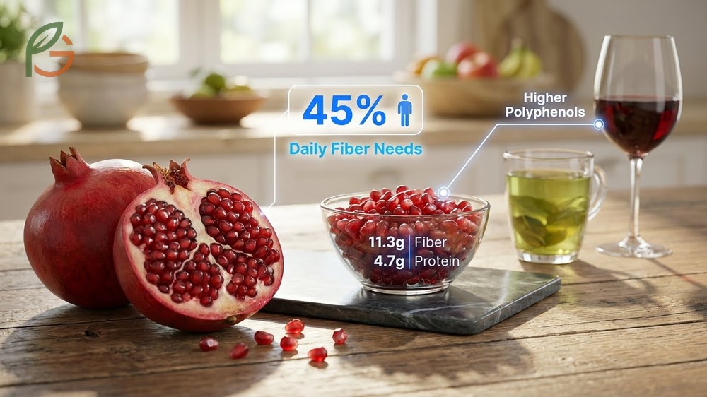 Nutritional value of pomegranate seeds includes 10mg of vitamin C and high antioxidant levels for immune support.