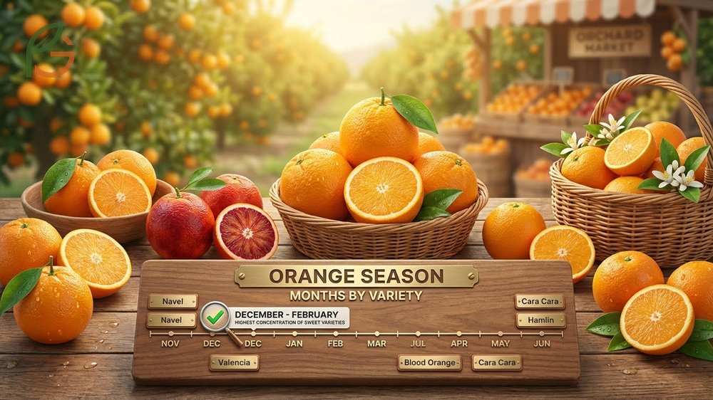 When are oranges in season by variety listing Navel peaks in winter and Valencia harvests during summer months.