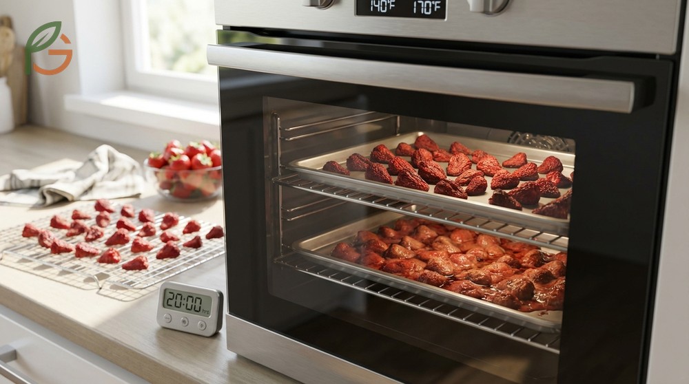 Oven dried strawberries prepared on parchment paper at low temperatures for preservation without specialized equipment.
