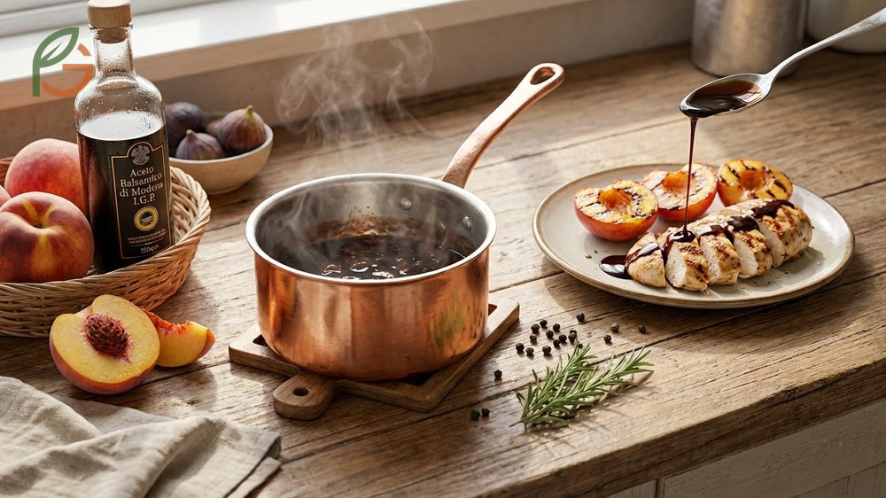 Peach balsamic glaze recipe reduction process showing vinegar thickening in a saucepan for savory sauce.