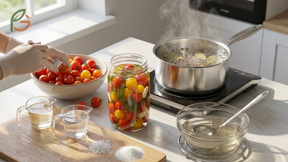 Quick pickle recipe for cherry tomatoes using vinegar, water, salt, sugar, garlic, and fresh herbs.