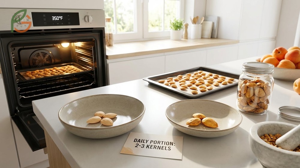 How to eat apricot kernels safely by roasting sweet varieties at 350 degrees Fahrenheit.