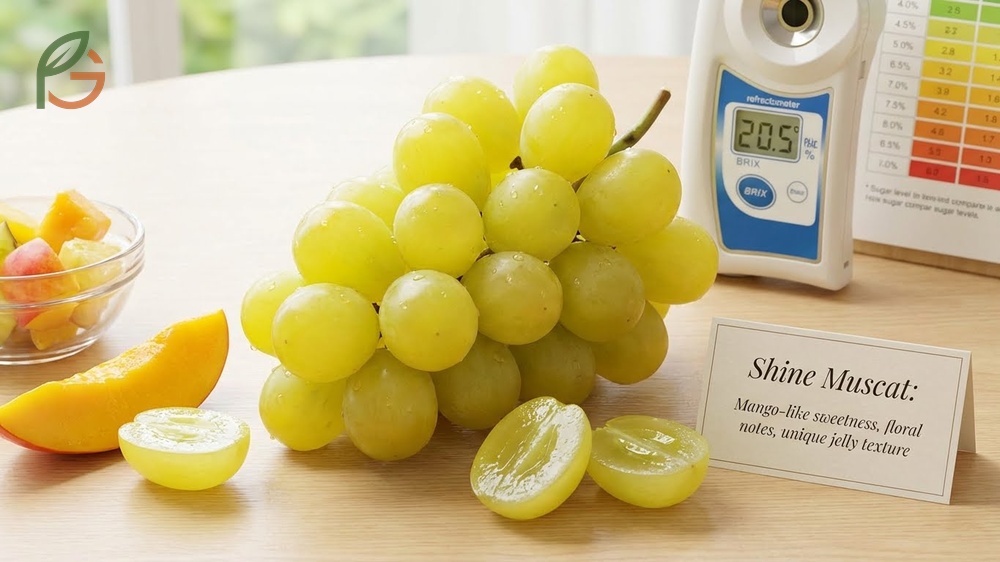 Shine muscat taste and texture revealed by slicing a grape to show the jelly like flesh and high sugar content.