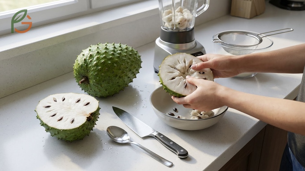 Soursop preparation method involving washing the spiky exterior and removing black seeds before serving.