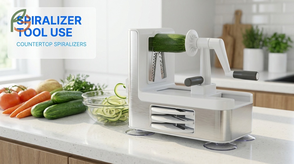 Spiralizer tool use highlighting essential features like strong suction cups and three blade options for versatile cuts.