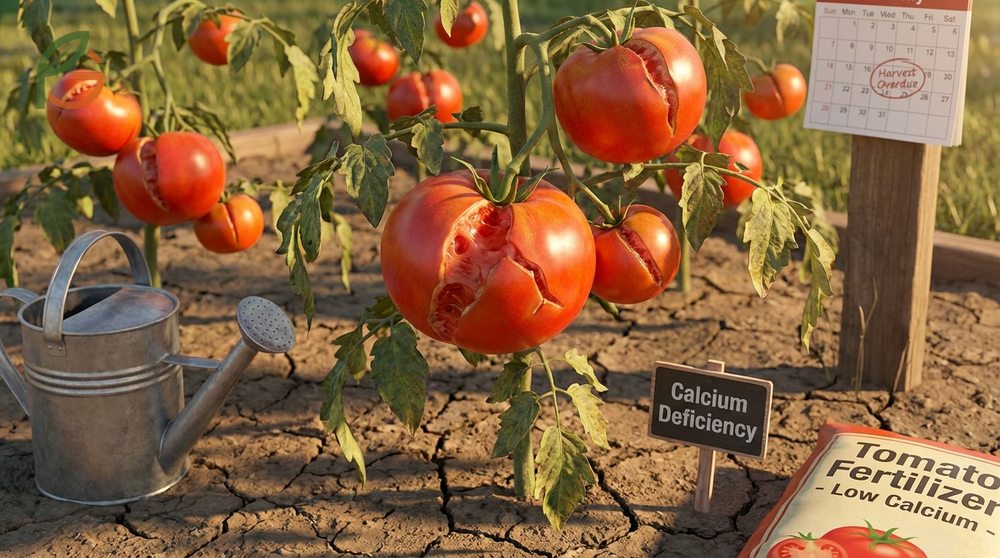Tomato splitting causes include radial and concentric cracking patterns that expose fruit to rot and pests.