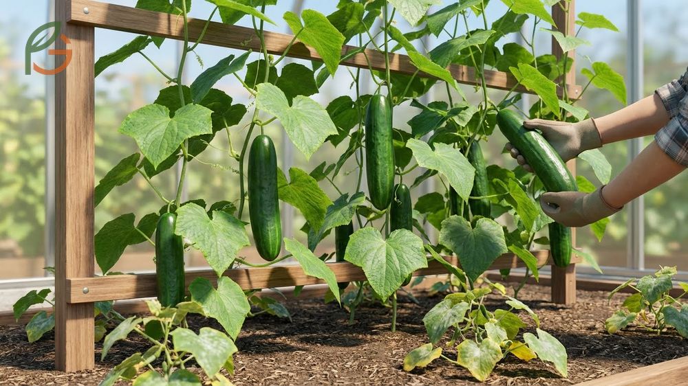 Vertical cucumber plants showing healthy leaves and improved airflow that prevents fungal diseases.