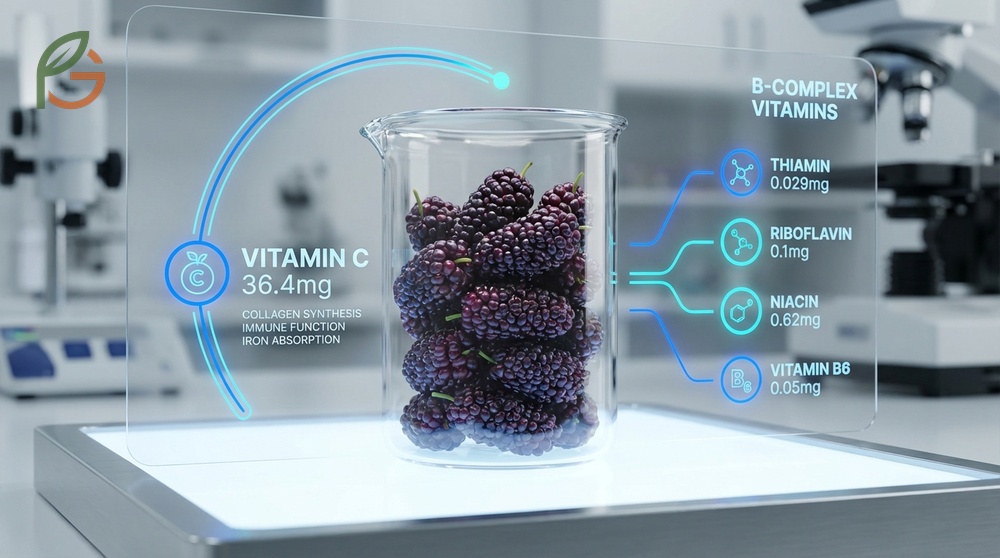 Vitamin content in mulberry includes 40% daily value of vitamin C plus essential B-complex vitamins for energy metabolism.