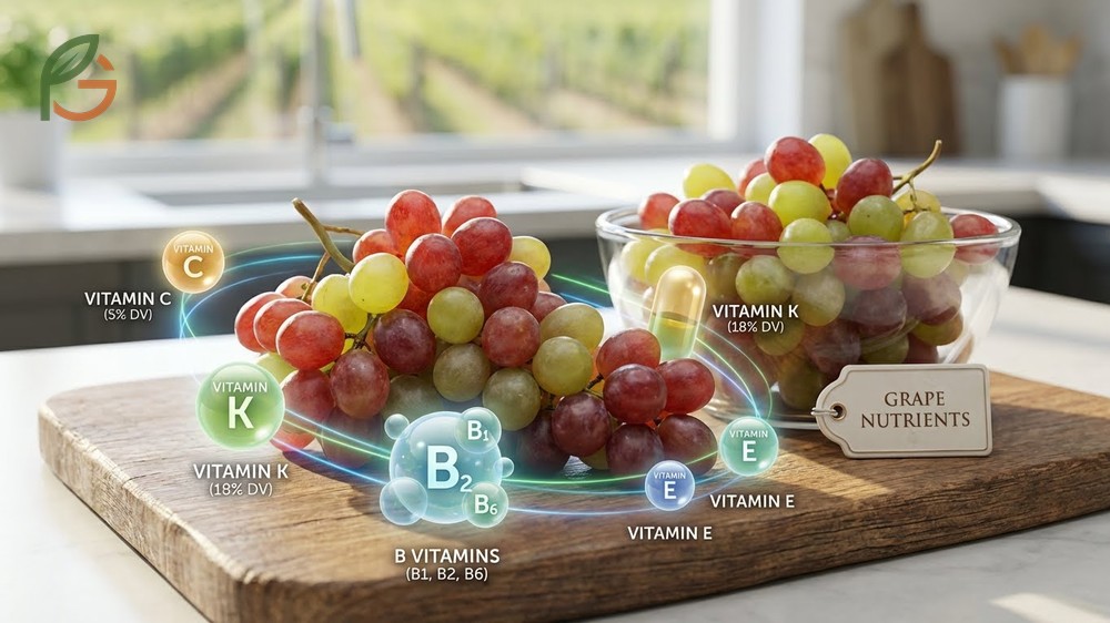 Vitamins in grapes including Vitamin K for bone health and Vitamin C for immune system support.