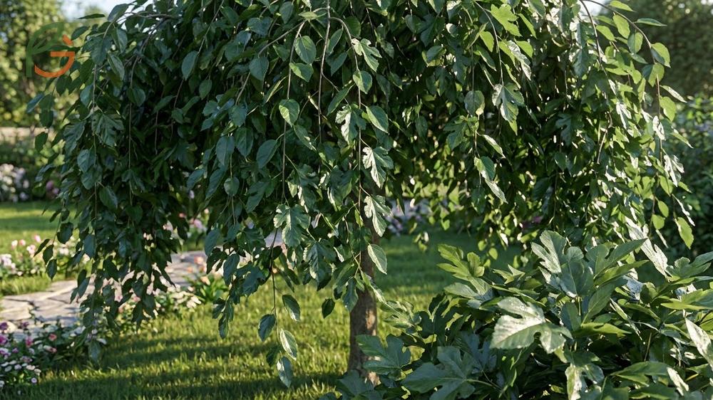 Weeping mulberry characteristics showing dark green glossy leaves that transform to yellow in fall and produce dark red to black sweet berries.