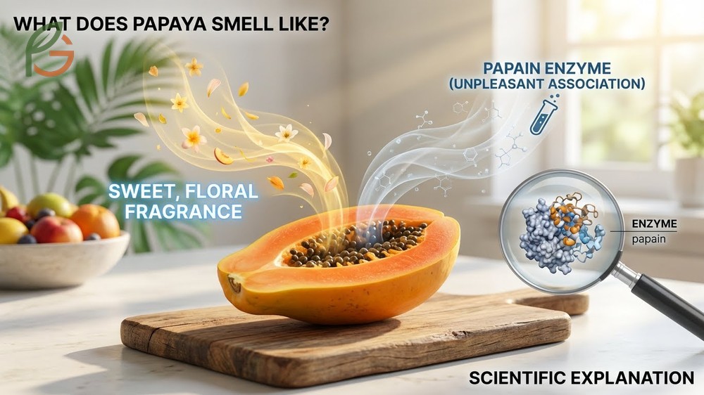 What does papaya smell like explaining the delicate floral fragrance and potential pungent notes from papain enzyme.
