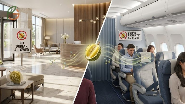 Why is durian banned in hotels and airlines shown by a no durian sign illustrating the prohibition due to its strong smell.
