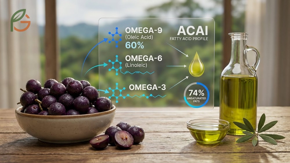Acai berry nutritional information detailing 74 percent unsaturated fats including omega 3, 6, and 9.