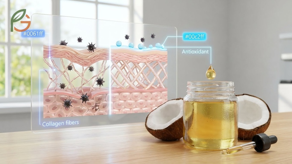 Anti aging effects of coconut oil increasing collagen density by 32 percent and reducing wrinkle depth within two weeks.