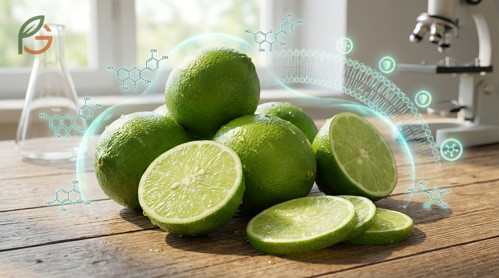 Antioxidants in limes including flavonoids and quercetin that protect cells from oxidative damage.