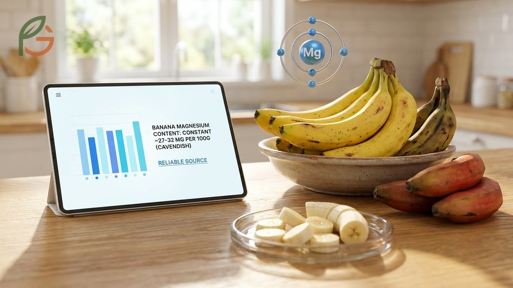 Banana magnesium content remains consistent at roughly 27 to 32 mg per 100 grams across commercial Cavendish varieties.
