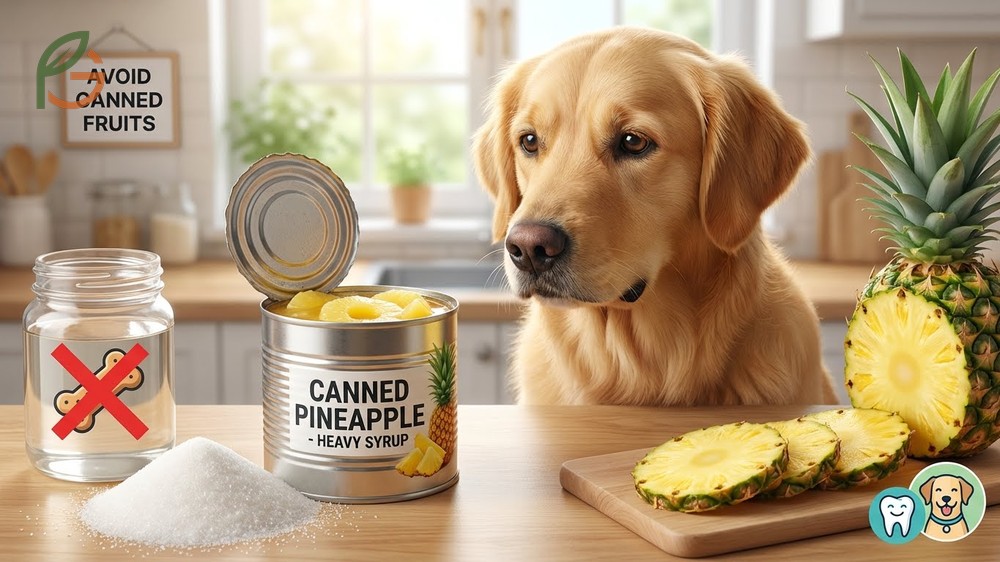 Can dogs eat canned pineapple warning about high sugar syrup and preservatives that cause weight gain and dental issues.