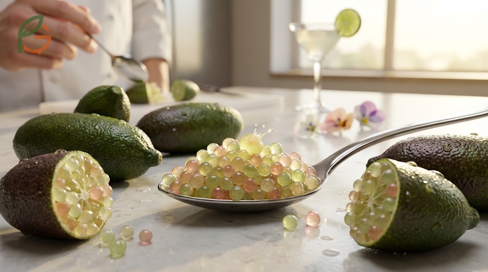 Close-up view of caviar lime vesicles bursting with juice to illustrate the unique citrus texture.