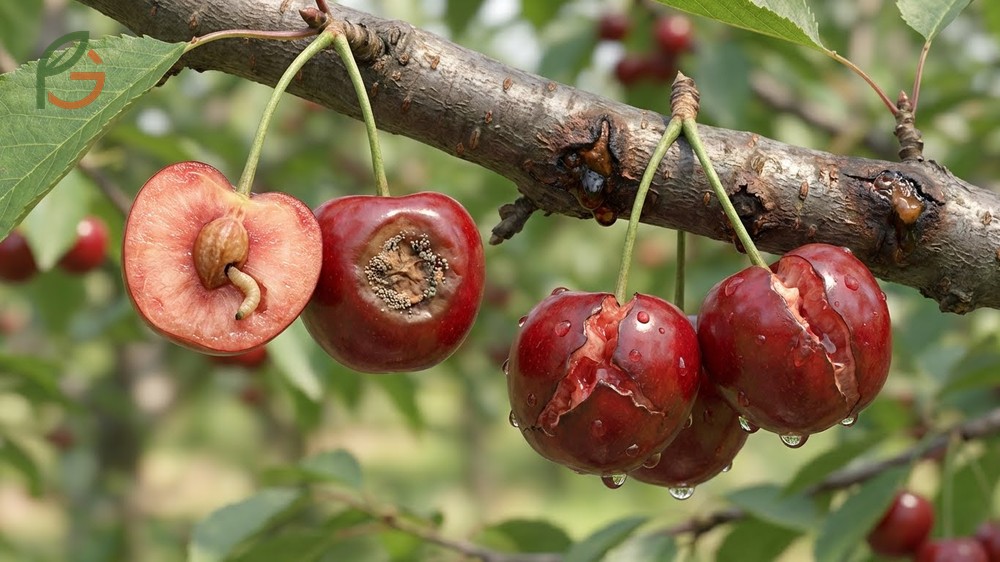 Cherry tree fruit problems include rain cracking and western cherry fruit fly larvae tunneling through the flesh.