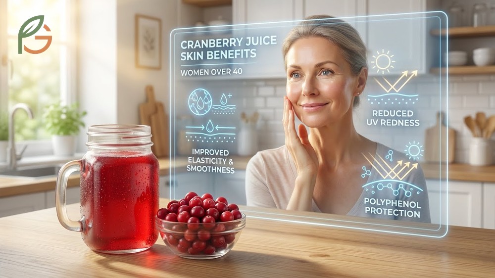 Cranberry juice benefits for skin include reduced redness and improved elasticity for women over 40 years old.