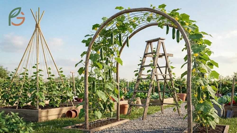 A bamboo teepee trellis supporting vigorous cucumber vines in a compact raised garden bed.