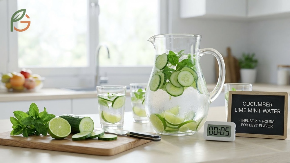 Cucumber lime mint water recipe requires slicing ingredients thinly and refrigerating for 2 hours for optimal flavor.