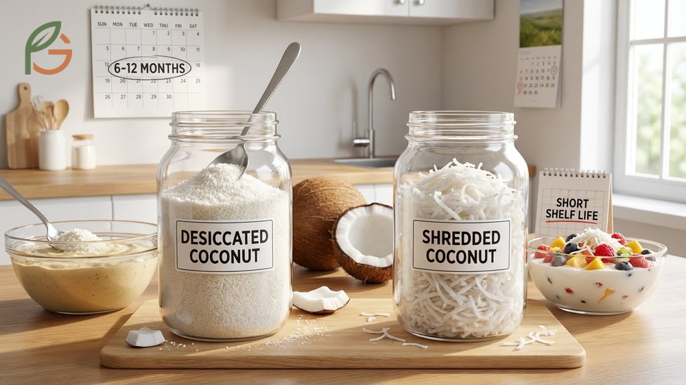 Desiccated coconut vs shredded coconut comparison highlighting moisture content differences and shelf life stability.