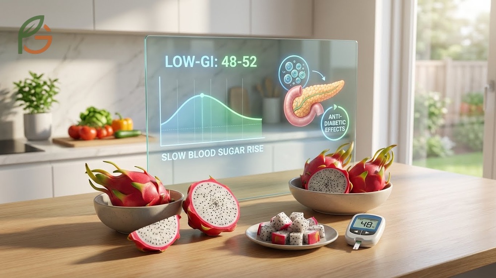 Dragon fruit for diabetes management with a low glycemic index range of 48 to 52 for stable blood sugar.