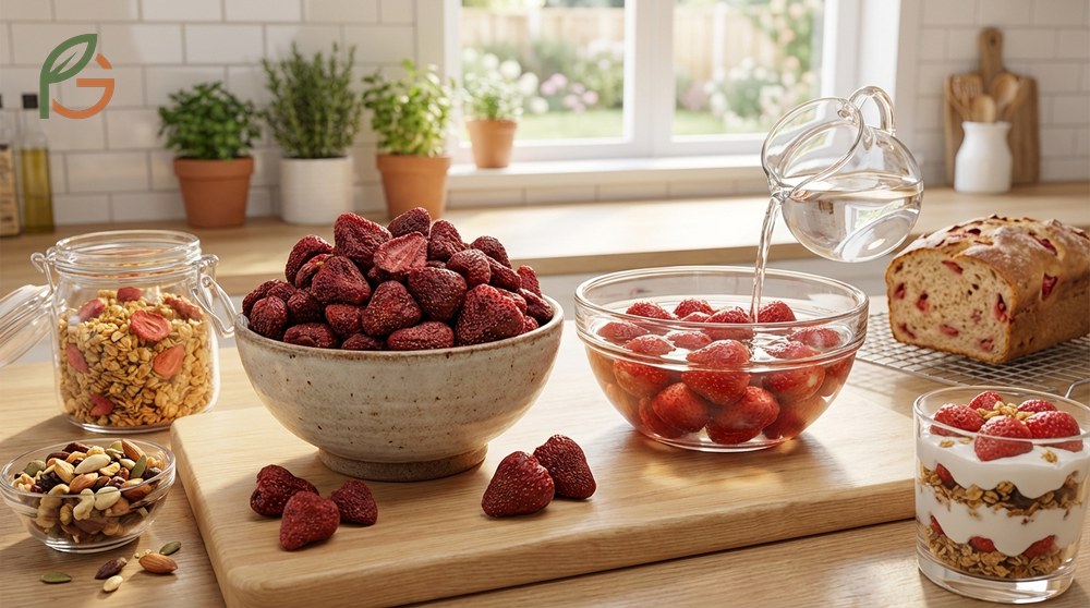 Dried strawberry recipe uses for adding concentrated fruit flavor to oatmeal and baked goods.