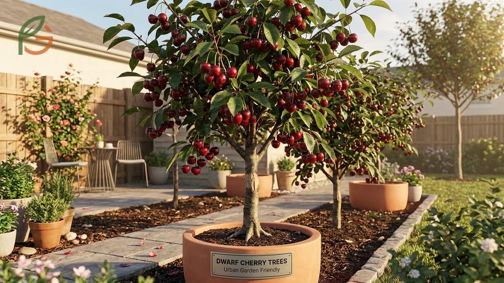 Dwarf cherry trees for small gardens featuring compact varieties like Carmine Jewel that grow 6 to 8 feet tall.