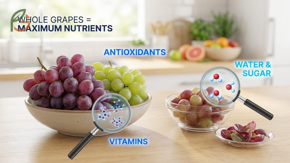 Eating whole grapes with skins ensures maximum fiber intake since 31 percent of total fiber resides in the peel.