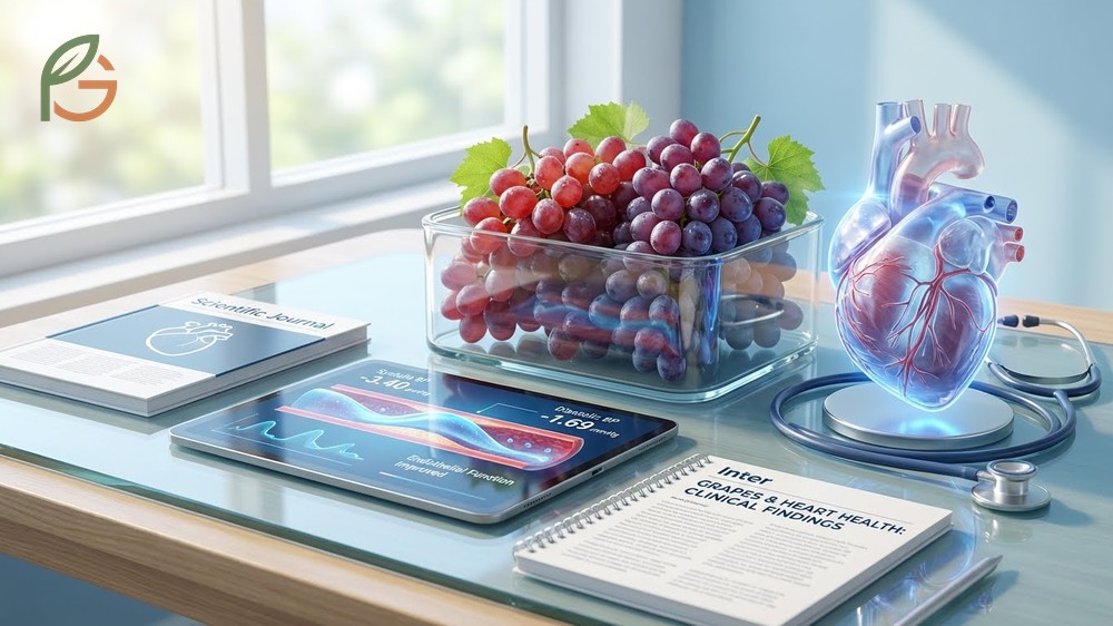 Grapes for heart health benefits showing reductions in blood pressure and improved vascular function.
